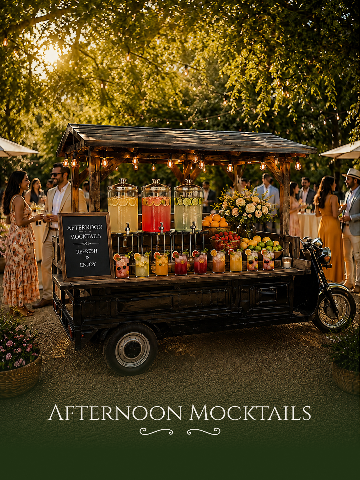 Afternoon mocktail cart service — colorful fresh-pressed drinks and botanicals at an outdoor event