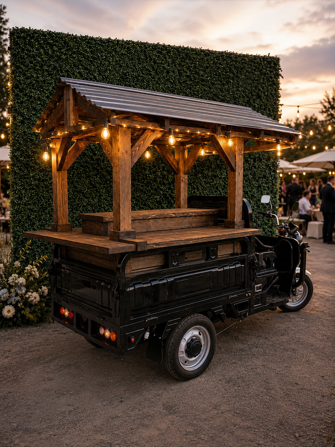 Gather & Cart Co. custom mobile bar cart with warm Edison string lights at a Colorado outdoor event