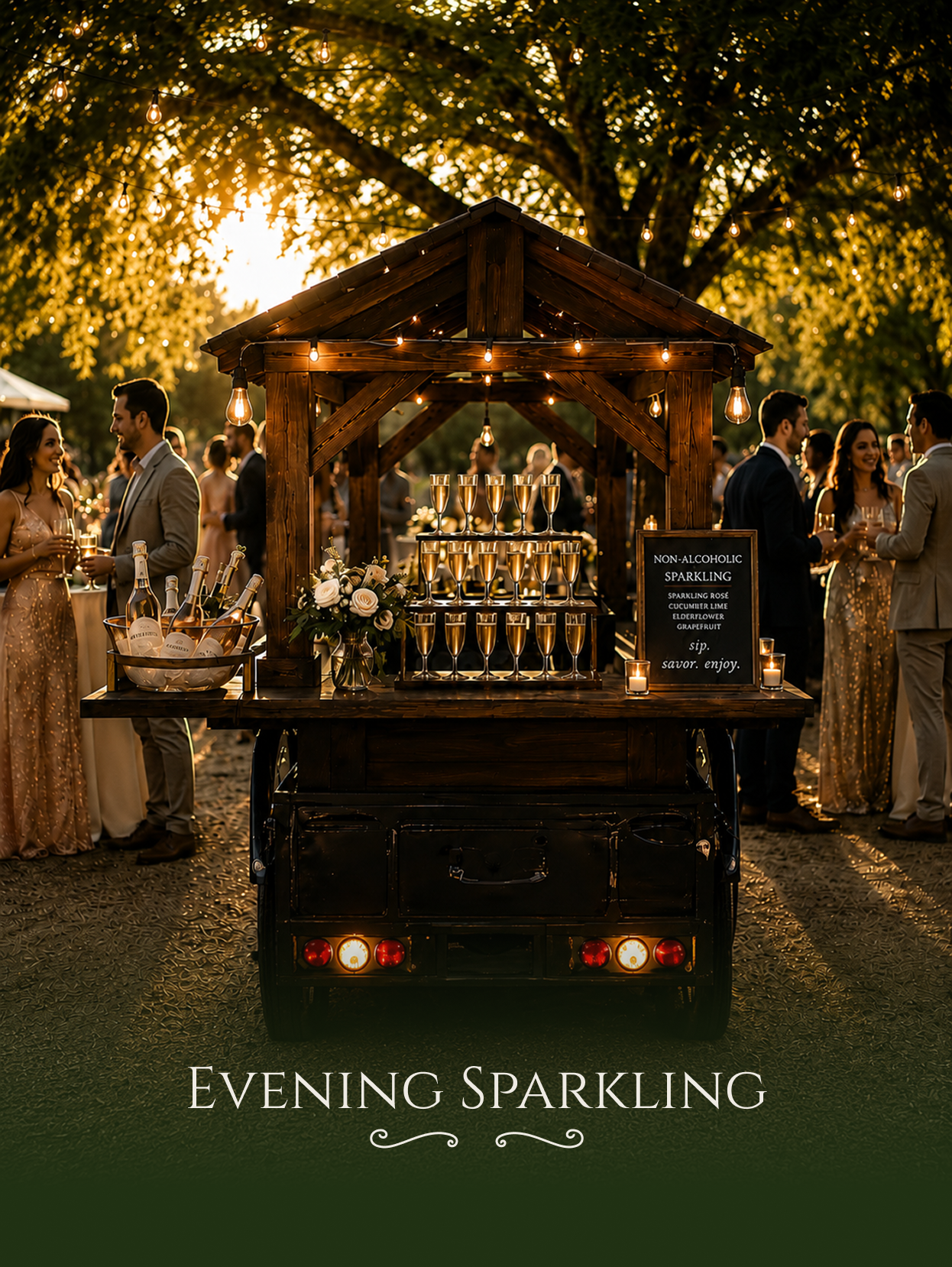Evening toast and celebration cart service — champagne flutes and sparkling drinks under golden string lights