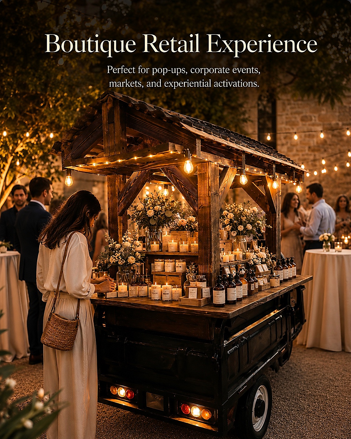 A beautifully styled mobile boutique cart glowing with Edison lights, florals, and candles at a Colorado outdoor event