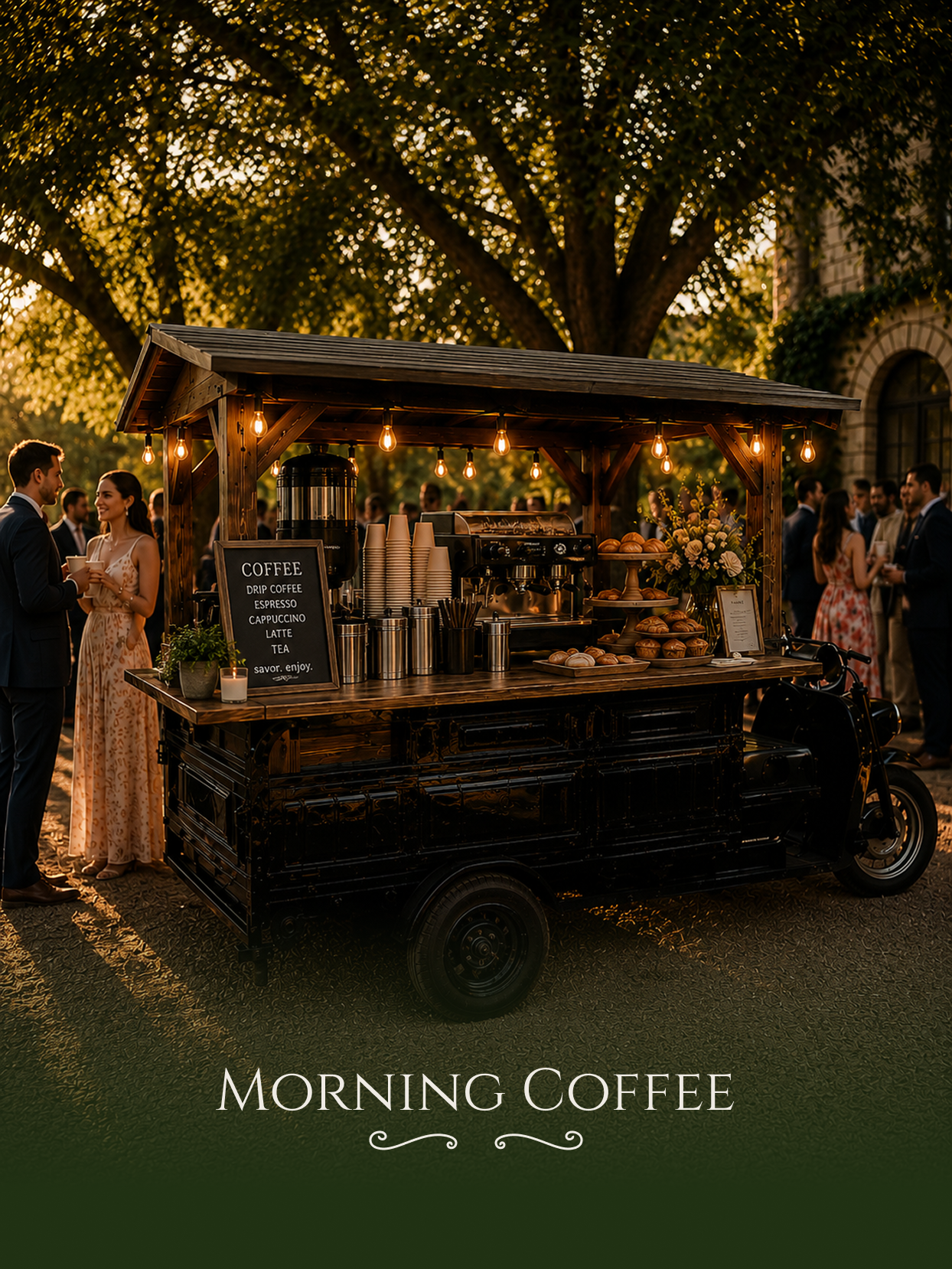 Morning coffee cart service at a wedding — espresso and pastries under string lights